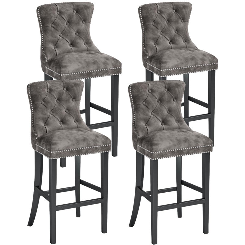Vintage Velvet Bar Stools Set of 2, Black, Gray