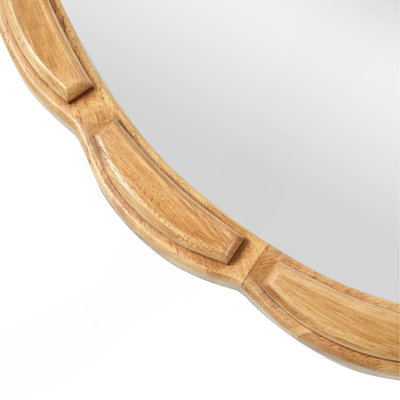 Round Solid Wood Wall Mirror - 31.5" Rustic Farmhouse Light Brown Wooden Circle Mirror for Bathroom, Living Room, Entryway & Wall Decor