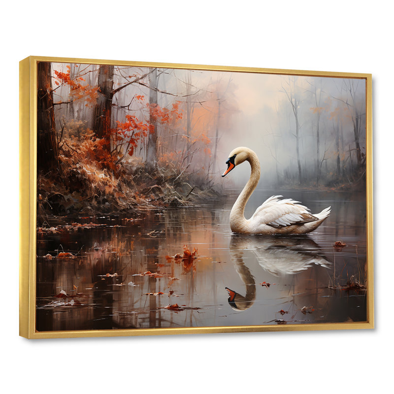 Cygne dans la brume sur toile, H 12 po x l 20 po x P 1 po, Cadre flottant doré