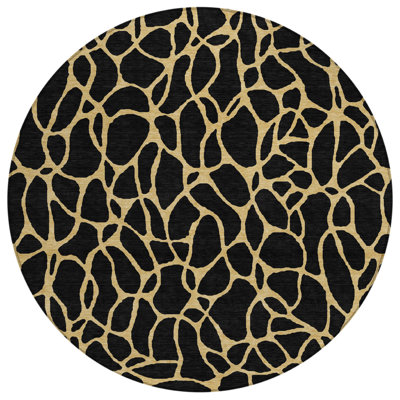8' Black And Gold Round Geometric Washable Indoor Outdoor Area Rug
