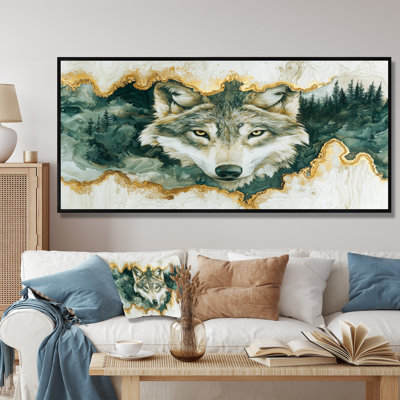 Loup en hiver, forêt, rivière à encre II - animaux, art mural