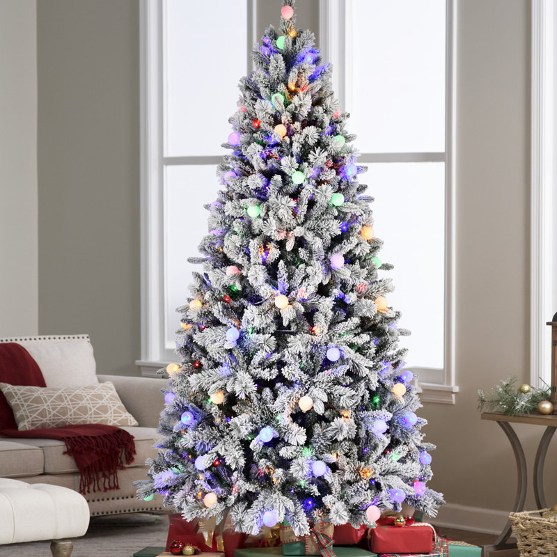 Arbre de Noël floqué avec lumières colorées à DEL, 8'