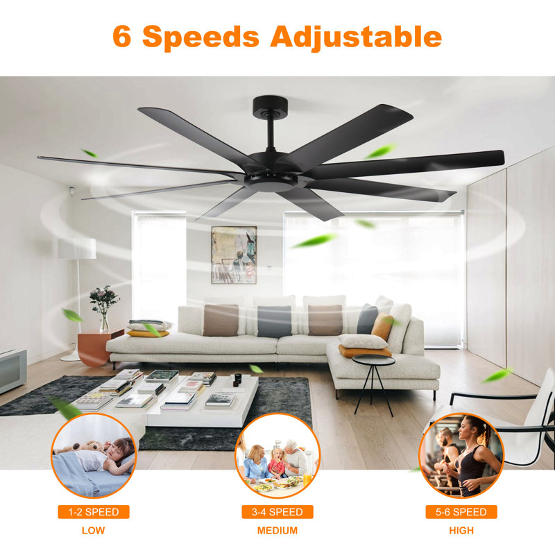 72 Inch Ceiling Fans No Light With Remote Control, 8 Reversible Blade, Quiet Dc Motor, Timer Function, 6-Speed, Industrial Ceiling Fan For Bedroom Home Kitchen (Black)