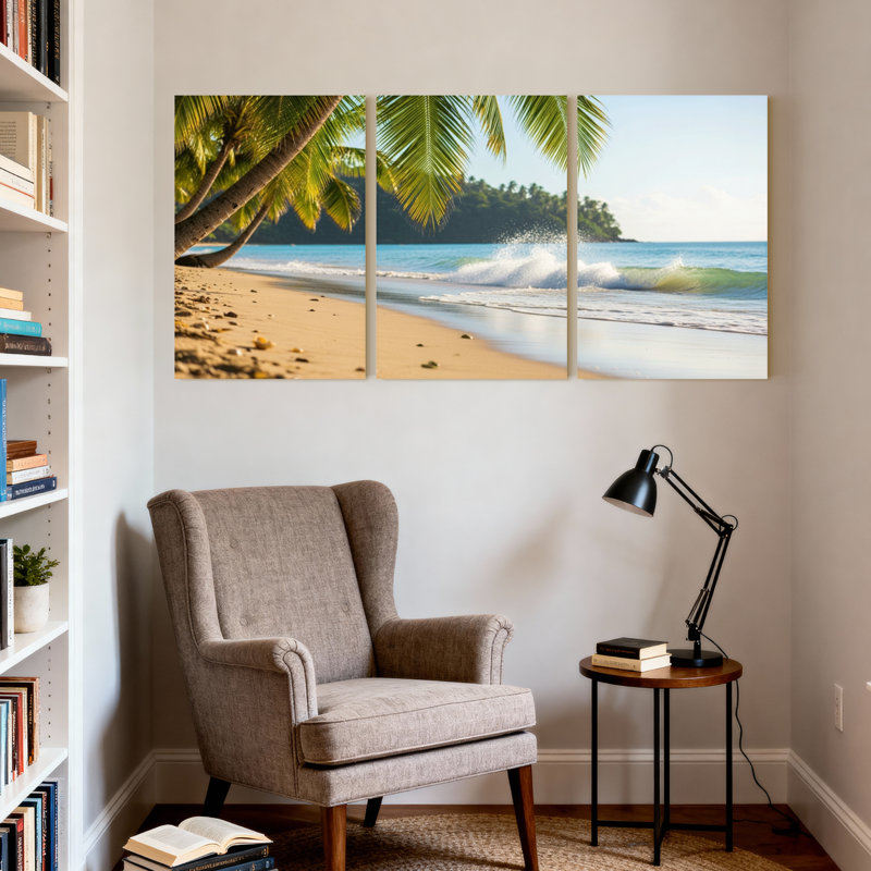 Palmiers, plage tropicale, vagues de sable, ciel de sable, ensemble de 3 impressions sur toile, H 18 po x l 36 po