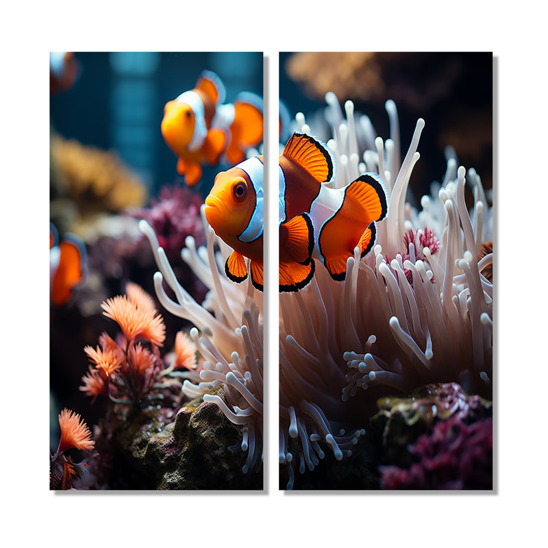 «Orange clownfish», art mural moderne et vert, H 40 po x l 40 po, Toile tendue, Ne s’applique pas