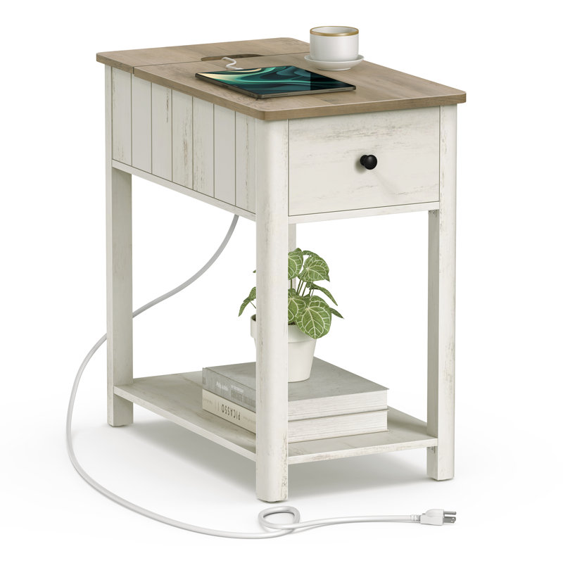 Avetis End Table with Storage and Built-In Outlets, Heather Greige Top/White Base