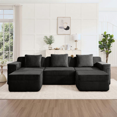 Canapé modulaire modulaire à 3 places en forme de U sans os, canapé modulaire Cloud avec assise profonde, canapé modulaire moderne à 3 places avec coussins décoratifs et 2 repose-pieds amovibles, tissu en velours côtelé