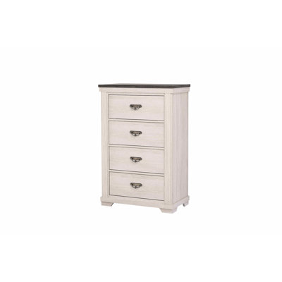 Commode de chambre rustique, quatre tiroirs, style gris / blanc
