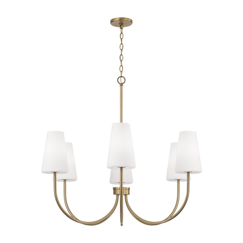 Lustre transitionnel 6 lumières 37,5 po x l 26,5 po noir mat avec verre blanc conique, Laiton