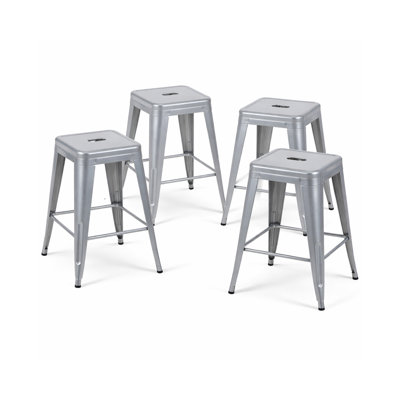  24-Inch Industrial Metal Counter Stools, Stackable Indoor/Outdoor Barstools, Set of 2, Silver