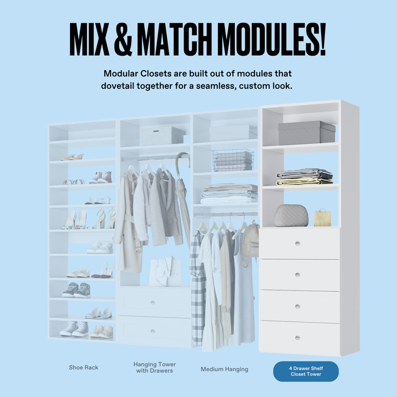 Modular White Wood Closet Tower with Shelves and 4 Drawers