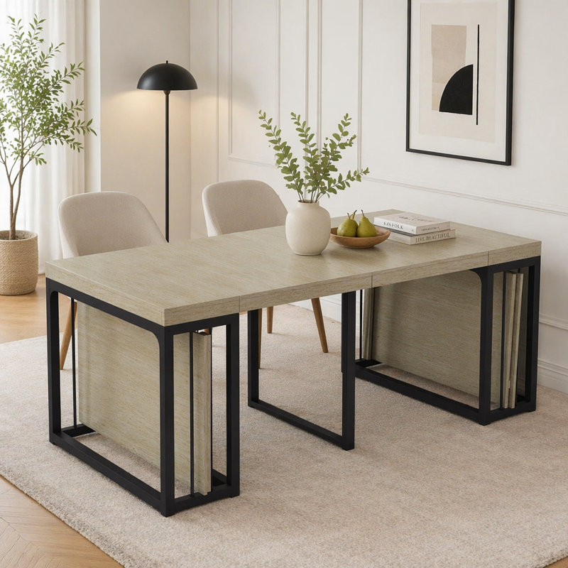 Table de salle à manger extensible de 23,62 po à 118 po de longueur et extensible, Blanc antique / noir