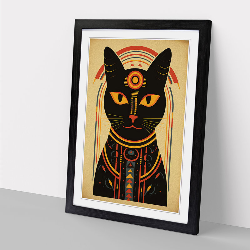 Egyptian Cat Minimalism No.2 - Single Picture Frame Print on Wood, Black Framed, 34cm H x 25cm W