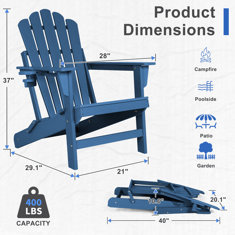 Foldable HDPE Outdoor Adirondack Chair With Cup Holder, Navy, 2