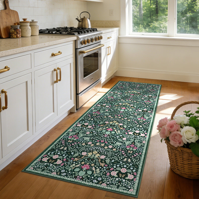 Vintage Floral Area Rug, Non-Slip Washable Low-Pile Botanical Print Stain Resistant Foldable Carpet for Living Room, Bedroom, Kitchen, Hallway