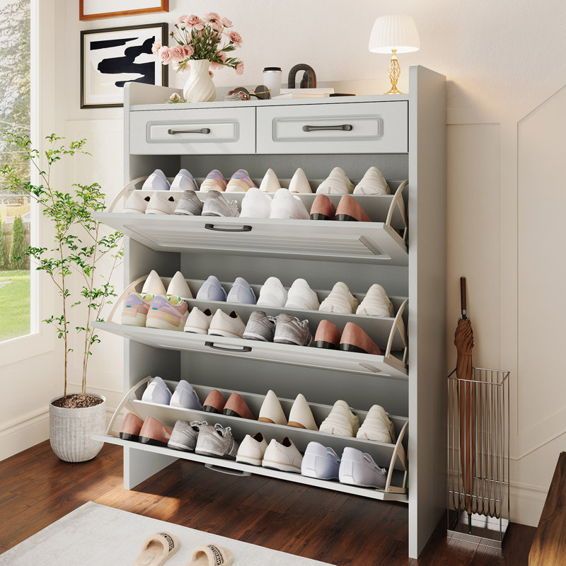 Shoe Cabinet for Entryway, Narrow Shoe Storage Cabinet with 3 Flip Drawers and 2 Top Drawers, Modern Shoe Rack Organizer Cabinet for Hallway, Apartment, Living Room, White