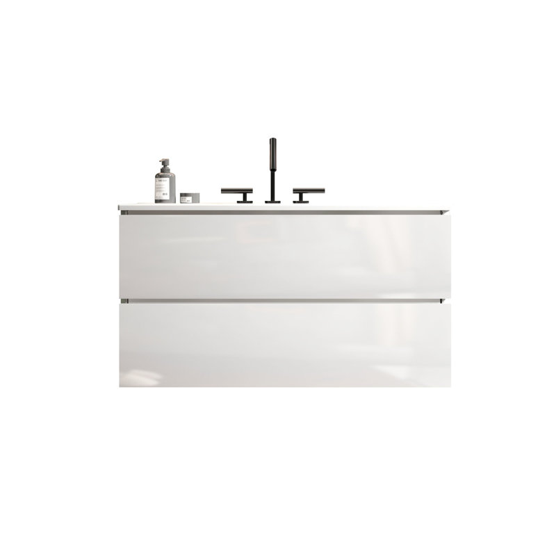 Meuble-lavabo moderne - 36 po à fixation murale blanche brillante avec lavabo en céramique, trois trous de robinet et grands tiroirs de rangement silencieux à 3 tiroirs