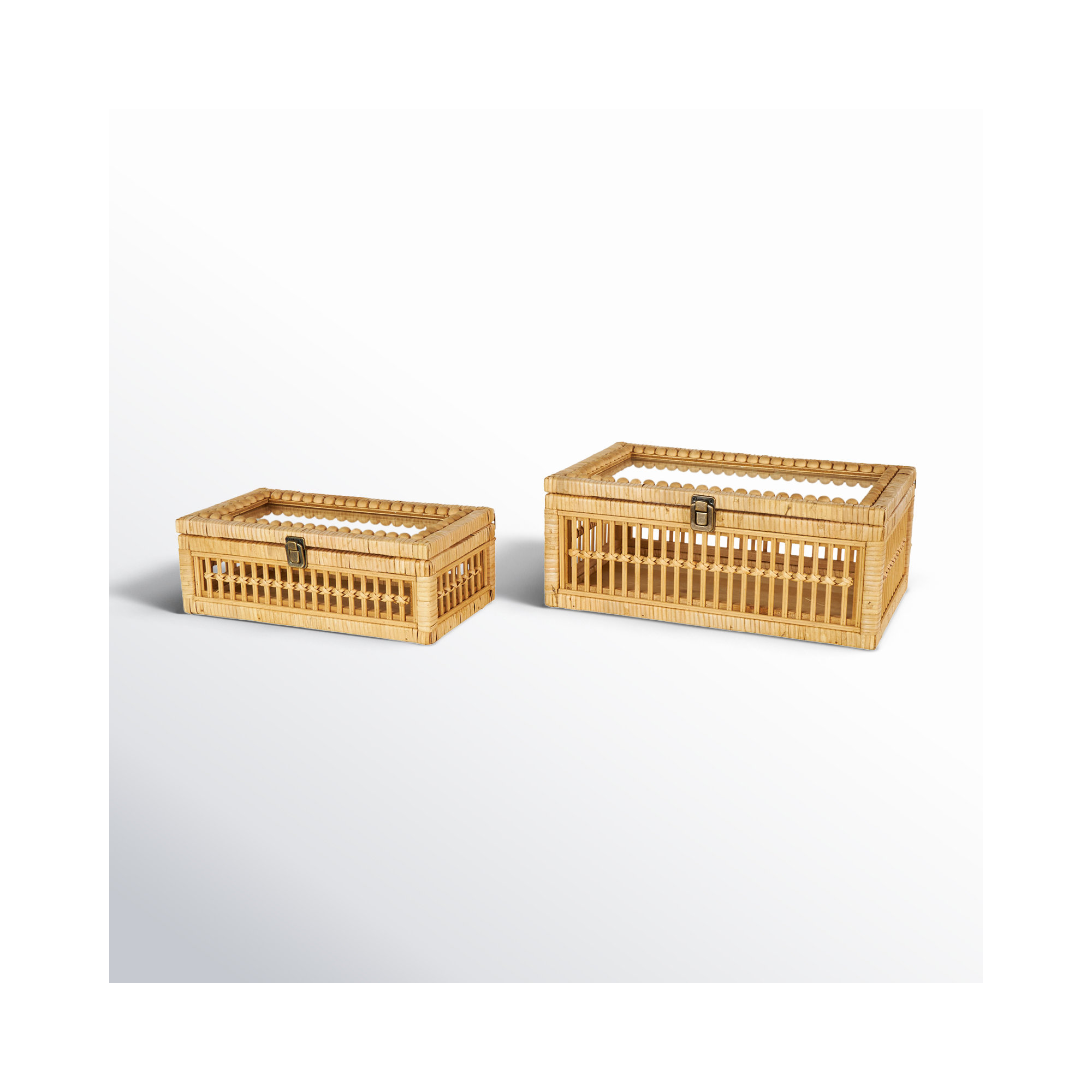 Cole And Grey Rattan Handmade Woven Storage Decorative Box With Glass Top And Bronze Latches