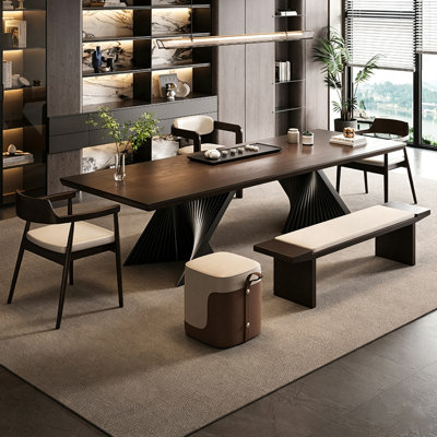 Bureau en acier au carbone 141,73 "moderne et minimaliste en bois de pin avec cadre en acier créatif en forme d'éventail - Grand poste de travail luxueux