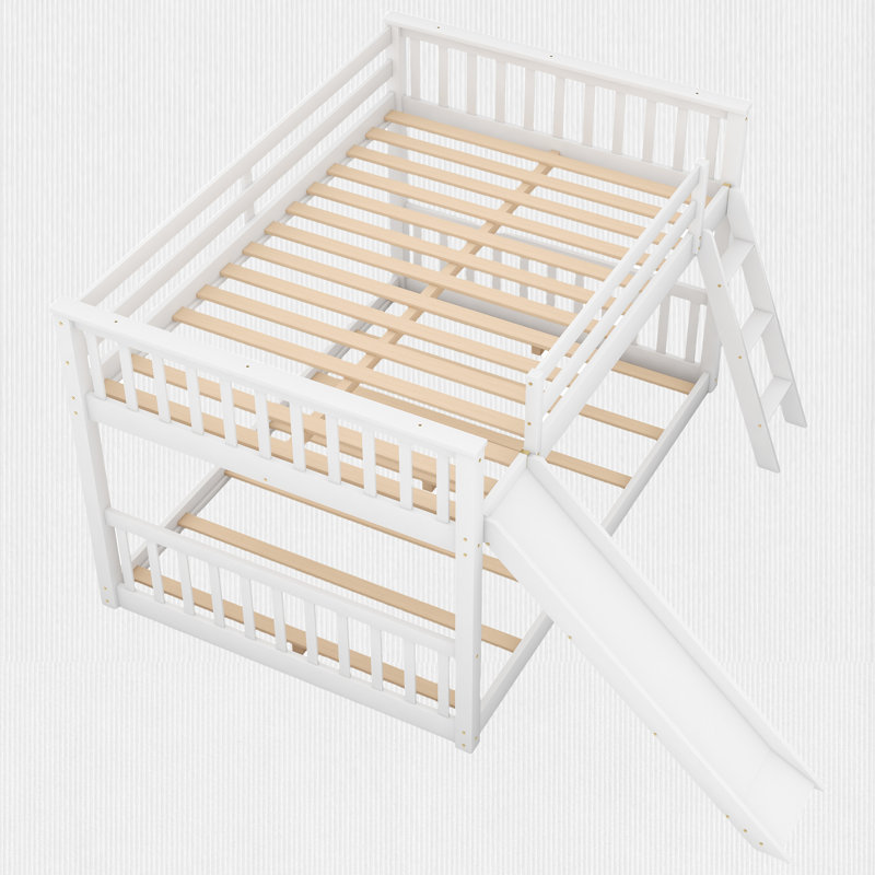 Linden Bunk Bed Set With Slide And Ladder, Solid Pine Wood And MDF, White, Full over Full