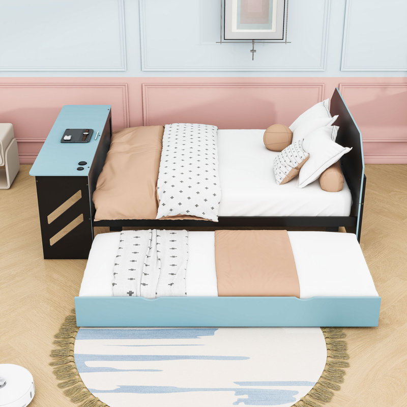 Lit de jour double avec lit gigogne simple et bureau USB, Bleu nuage