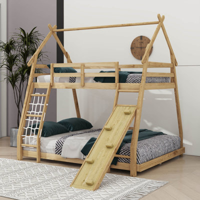 Twin-Over-Queen House-Style Bunk Bed With Climbing Nets And A Climbing Ramp by Harper Orchard