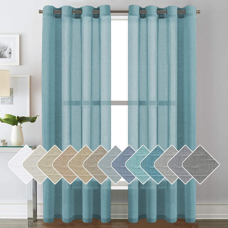 Hywell Soft Linen Plaid Semi-Sheer Grommet Curtain Panels, Turquoise, 52'' W x 84'' L