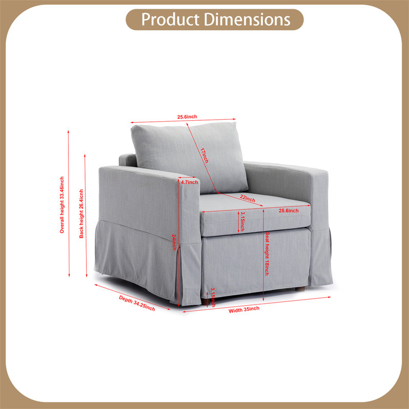 Fauteuil à coussin amovible et lavable, 100 % lin gris clair