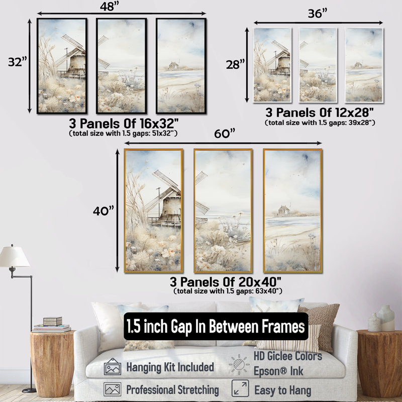 Nostalgic Windmill In Winter - Wind Turbines, art mural, H 28 po x l 36 po, Cadre flottant noir
