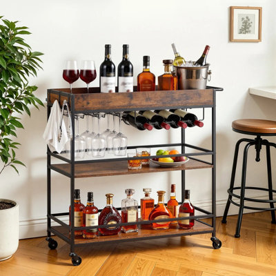 Bar Cart, 3 Tiers Home Kitchen Serving Carts, Industrial Rolling Utility Station on Wheel, Mobile Drink Beverage Shelf with Wine Rack & Glass Holder, 34.64x14.17x32.68 in, Rustic Brown and Black