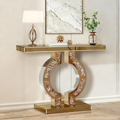 Tea Color Mirrored Console Table With Crushed Diamond Inlay, 39.4" Long Entryway Sofatable, 0-Shaped Base Modern Accent Narrow Table