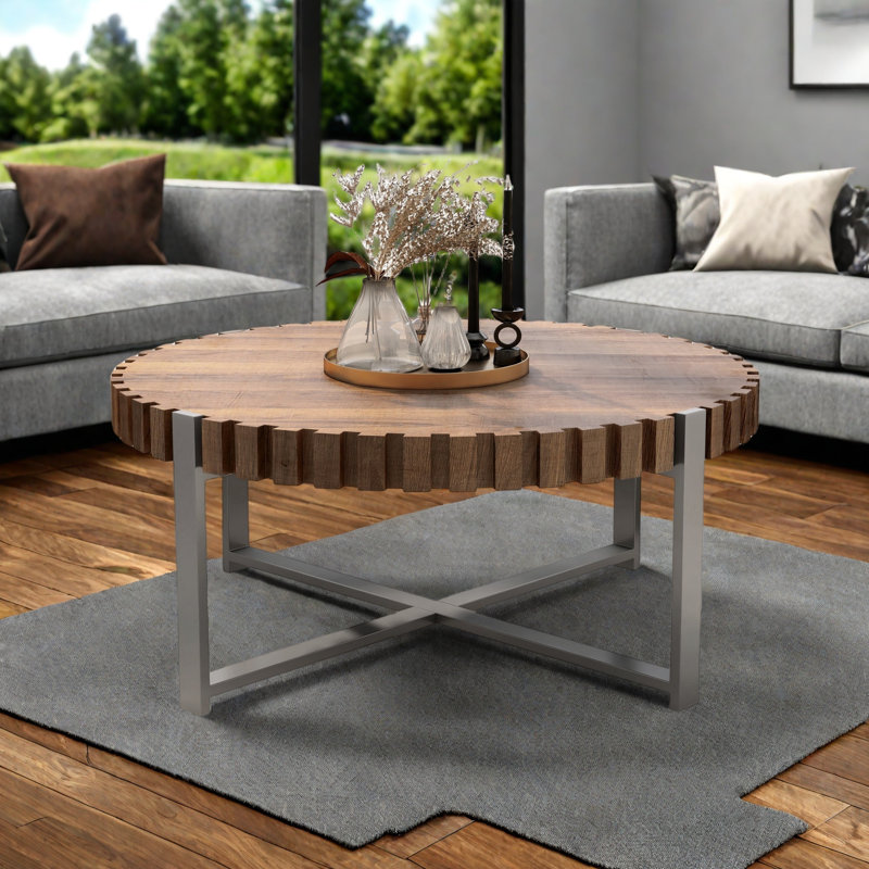 Table basse de salon de 31,4 pouces, table basse moderne en forme de tambour fait à la main en grain de bois naturel, table basse à base robuste
