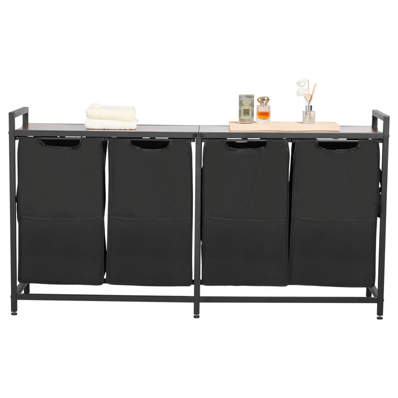 Trieur de linge à 4 sections avec sacs coulissants Cadre en métal et plateau de table en bois