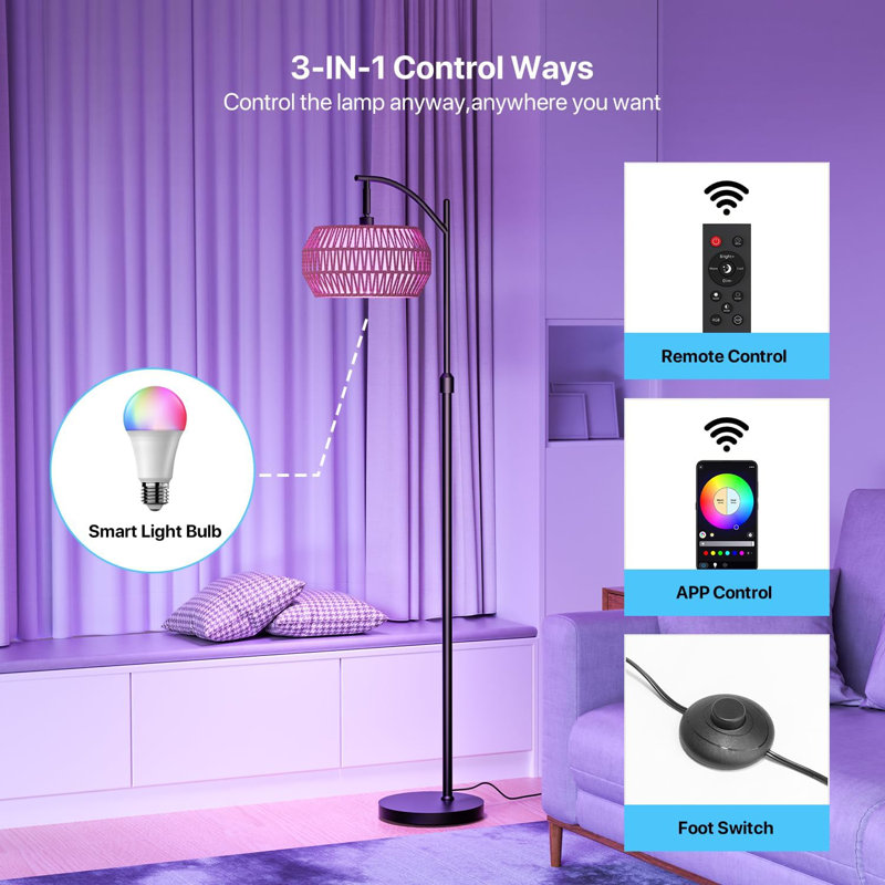 Arc Floor Lamps For Living Room With 3 Color Temperatures, Boho Farmhouse Floor Lamp With Remote & Dimmable RGB Bulb, Standing Lamp With Rattan & Fabric Shades, Adjustable Tall Lamp For Bedroom Office