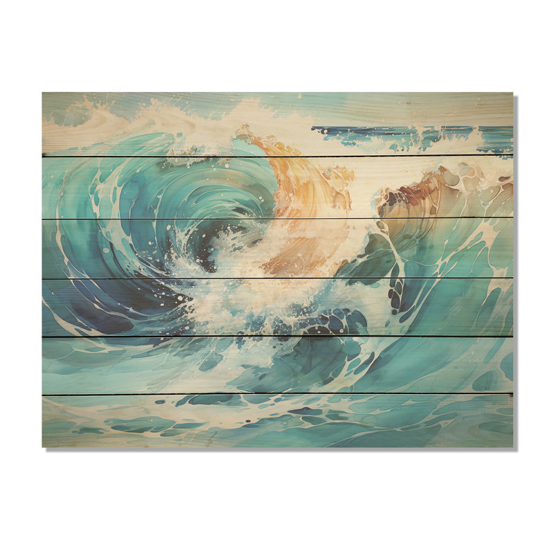 «Tropical Beach Waves Fusion I - Coastal Beach», art mural sur bois de pin naturel, H 10 po x l 20 po