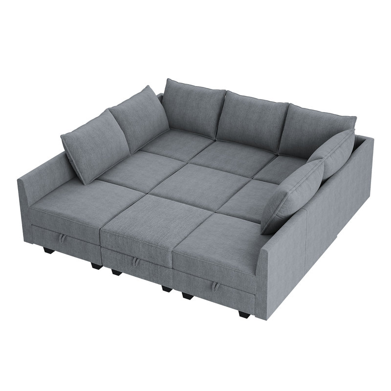 Larchmere Modular Sectional Sofa with Storage Ottoman, Bluish Gray Polyester Blend