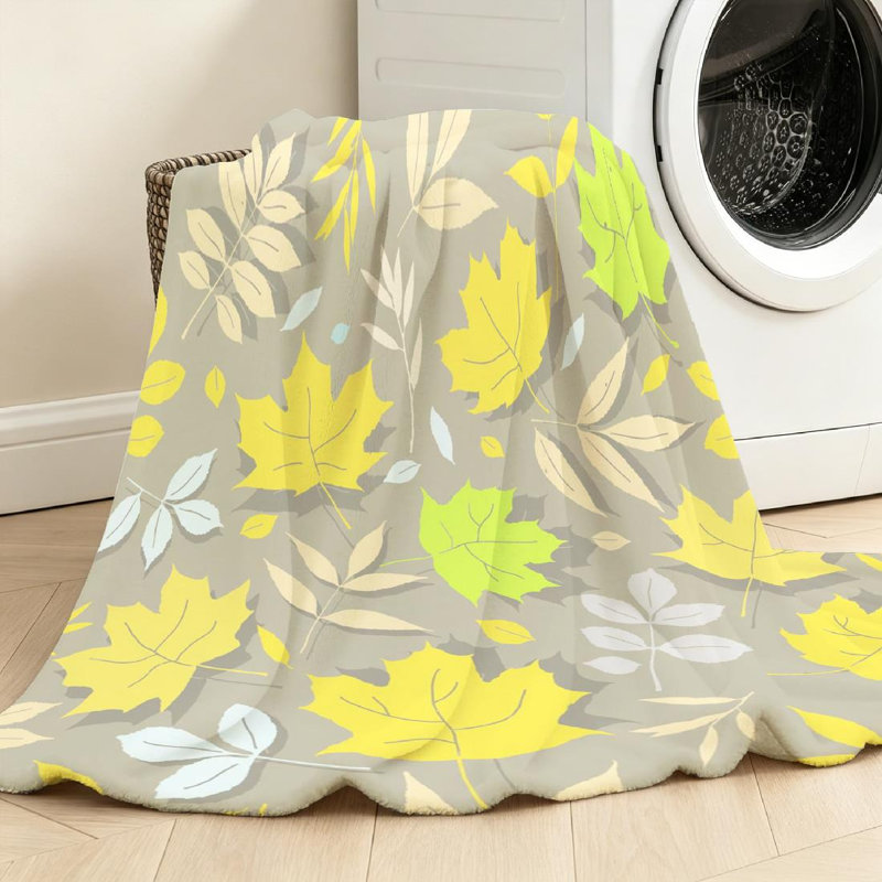 Jeté en molleton bleu flanelle ultra doux, imprimé vert jaune et feuilles, Throw 50" x 60"