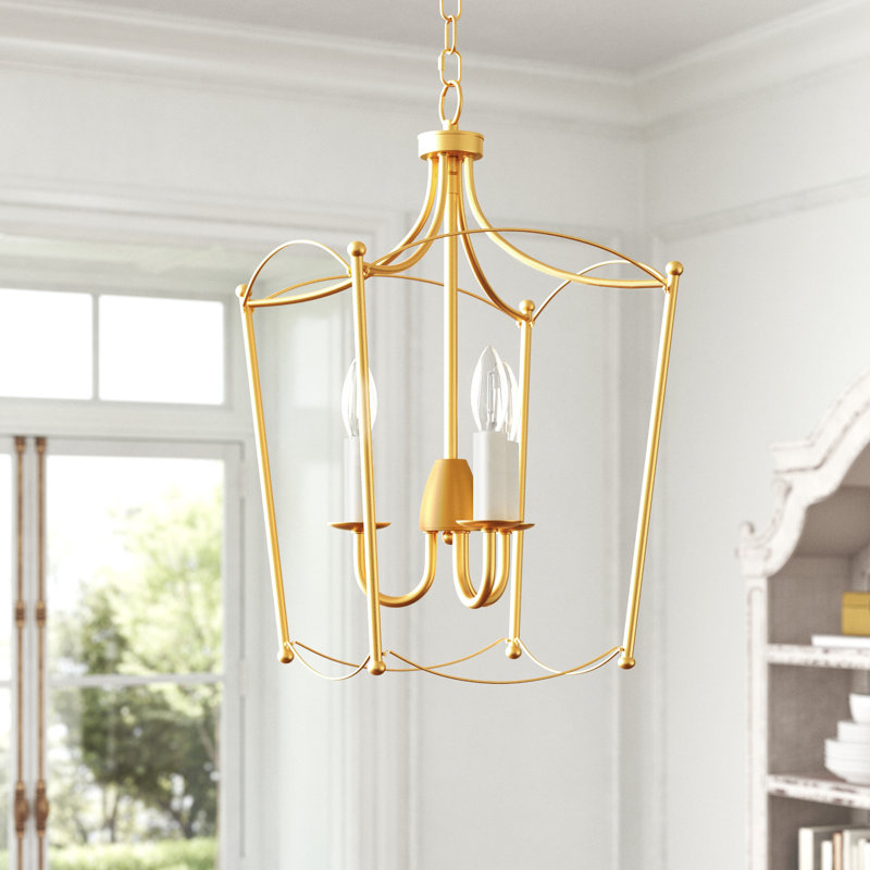 3 - Light Dimmable Lantern Geometric Chandelier, Gold Leaf