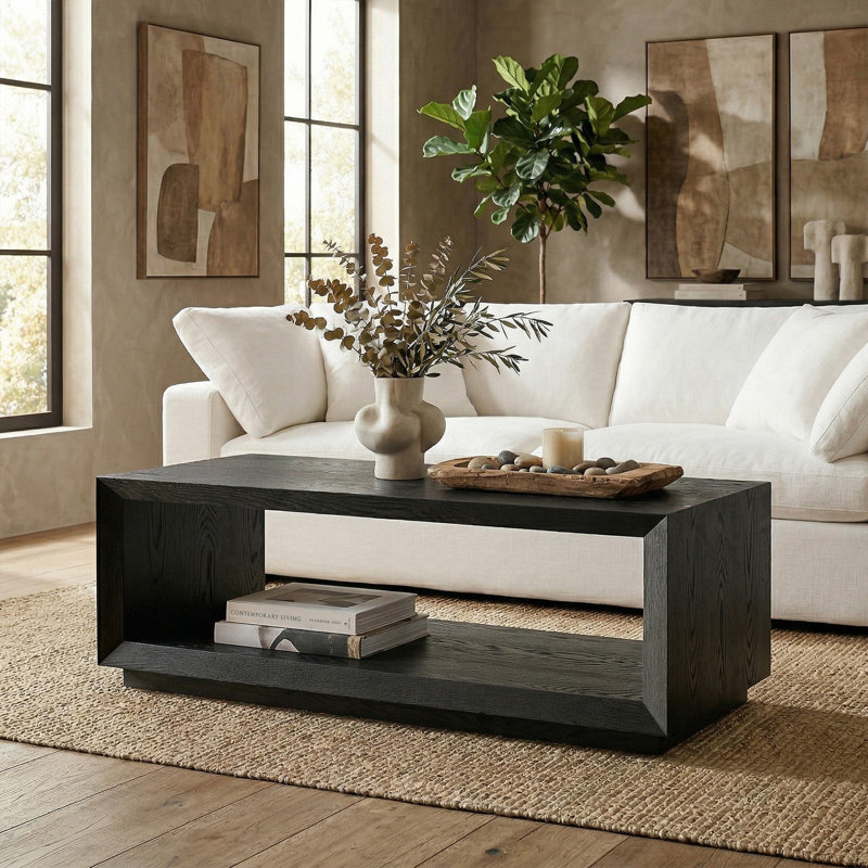 Atrell Solid Coffee Table with Storage, Black Grain
