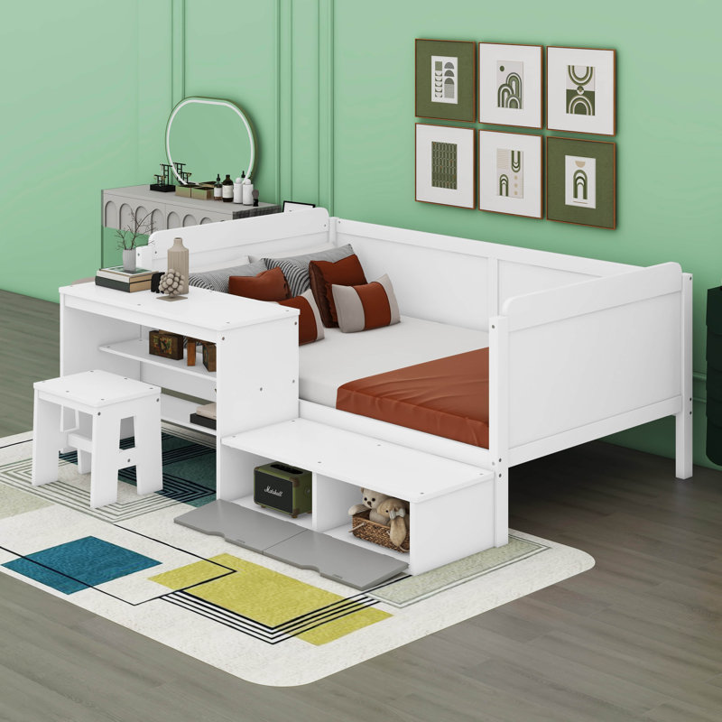 Structure de lit simple en bois avec bureau, tablette ouverte et casiers de rangement, Blanc