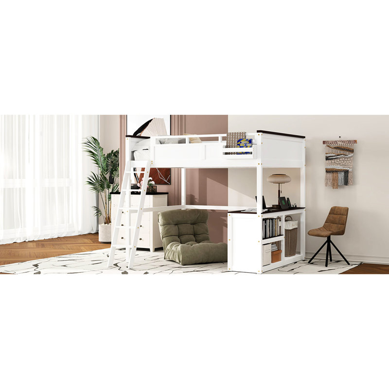 Grand lit mezzanine avec bureau, tablette ouverte et boîte de rangement, couleur blanche - peu encombrant, design, assemblage facile
