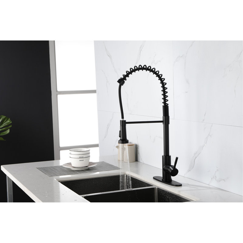 Robinet de cuisine en acier inoxydable à un trou avec bec rétractable noir mat, 360 °