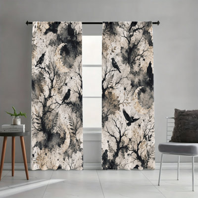 2 PCS aquarelle gothique corneille lune filtrant la lumière arbre rideaux de poche de tringle, rideaux de fenêtre à imprimé forêt artistique foncé, passe-tringle facile à suspendre, décor toutes saisons pour dortoir pour adolescents, salon, chambre à coucher, bureau, habillage de fenêtre unique Moody Youth