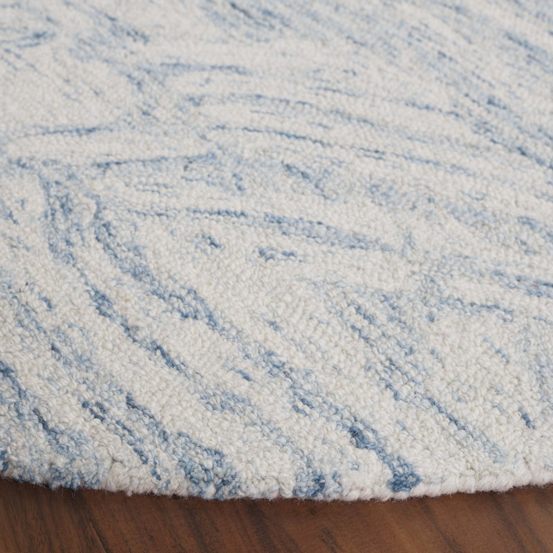 Moumna Ebony Hand Tufted Wool/Cotton Abstract Rug in Ivory/Light Blue, Round 6'