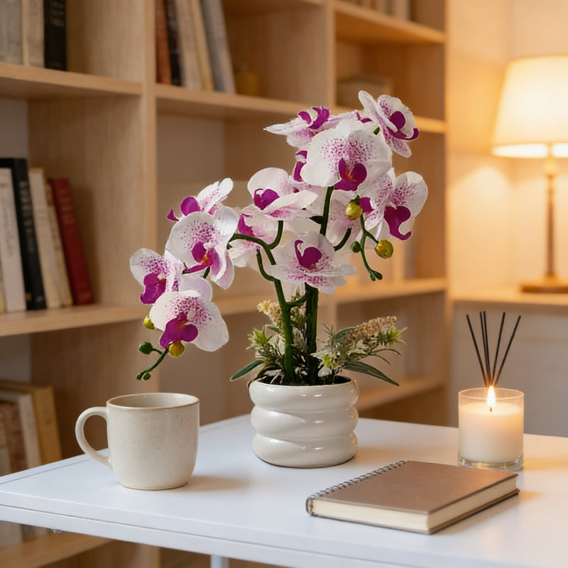 Orchidée artificielle Real Touch dans un vase en céramique - Arrangement floral faux phalaenopsis réaliste pour mariage