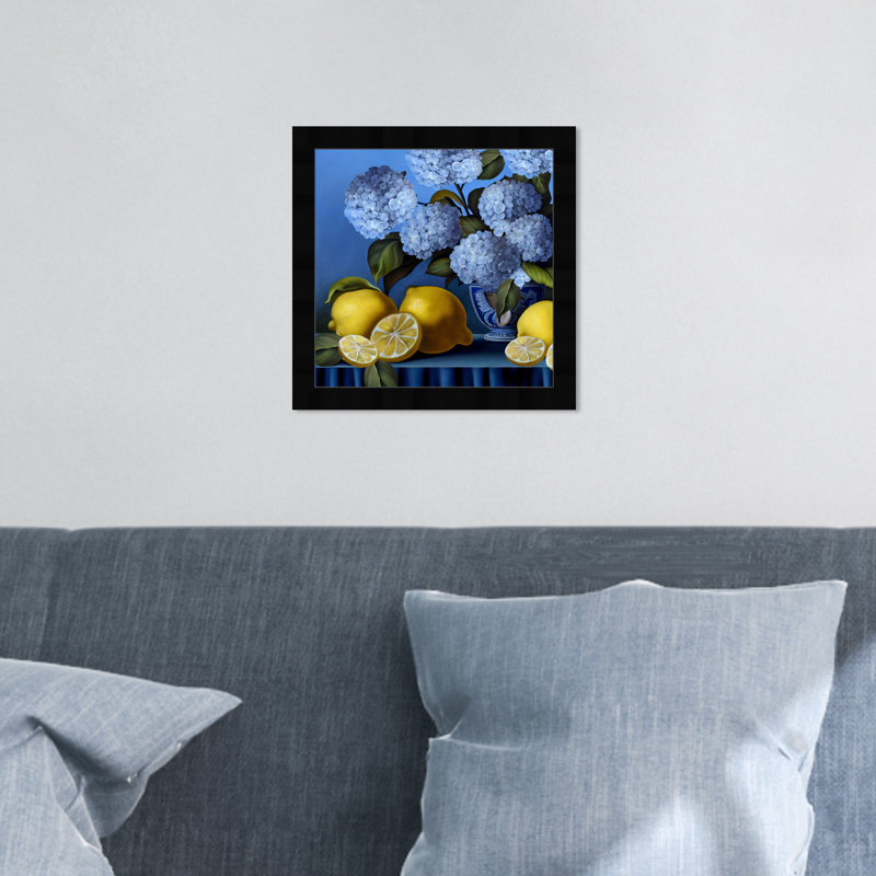 «Hydrangeas and Lemons Vase», cadre photo, Cadre noir, H 14 po x l 14 po