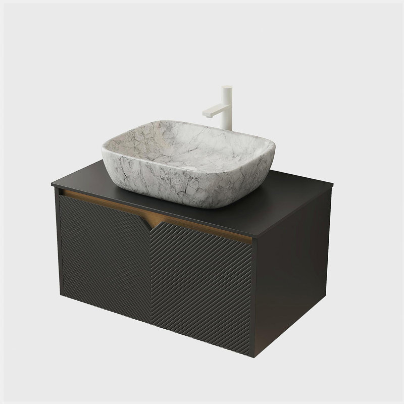 RUBEN 30" Bathroom Vanity&Sink, Wall-Mounted Floating Plywood Storage Cabinet, Twill Double Doors with Metal Trim, Marble Pattern Rectangle Ceramic Vessel Basin&Black Sintered Stone Top, Black