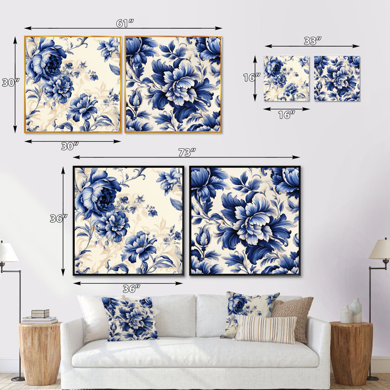 Regal - Cobalt bleu à motif damassé victorien III, Cadre flottant brun, H 30 po x l 61 po