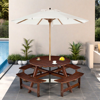 Table de pique-nique d'extérieur pour 8 personnes avec 4 bancs intégrés et trou pour parasol