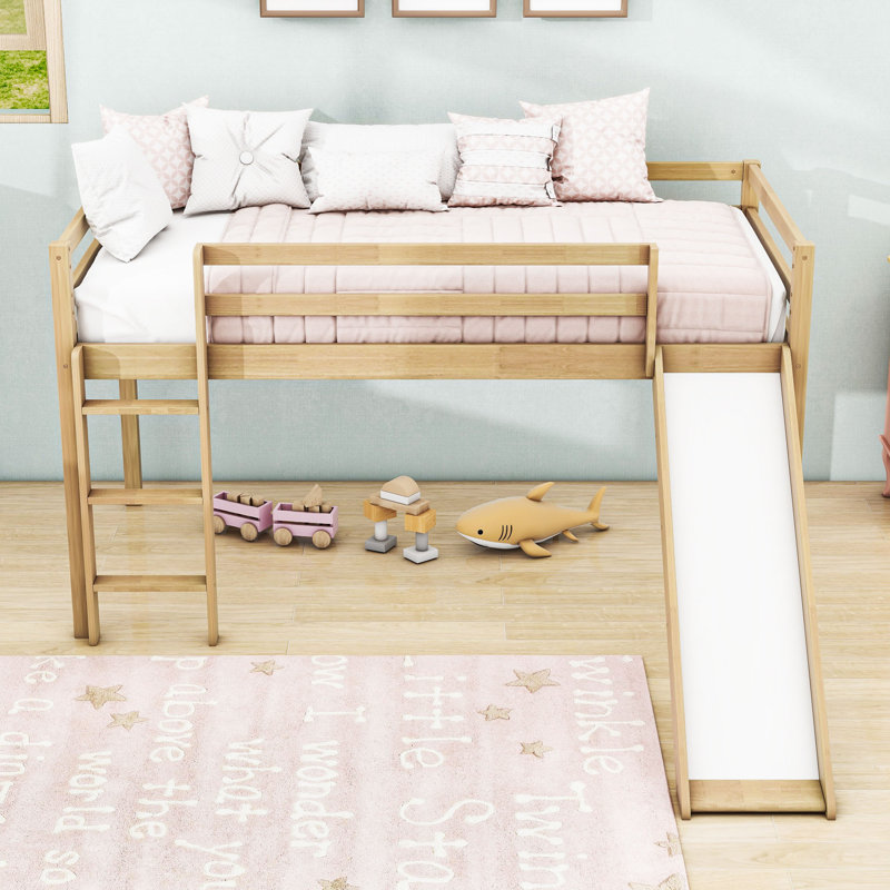Twin Wood Low Loft Bed With Slide, Ladder And Guardrails, Natural